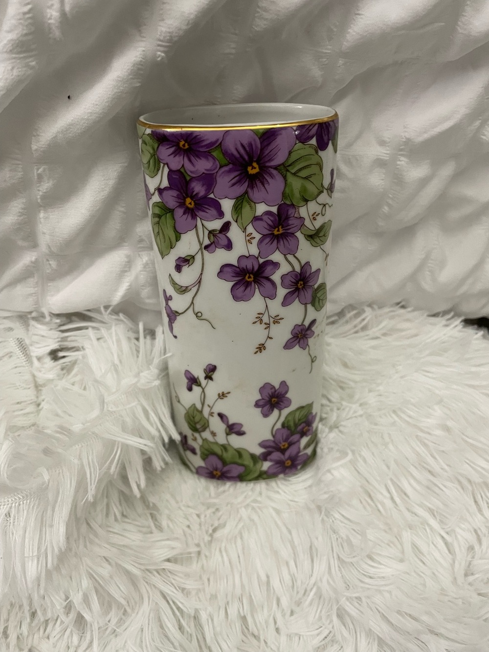 Lefton Purple Floral Porcelain Trinket Box with Gold Trim